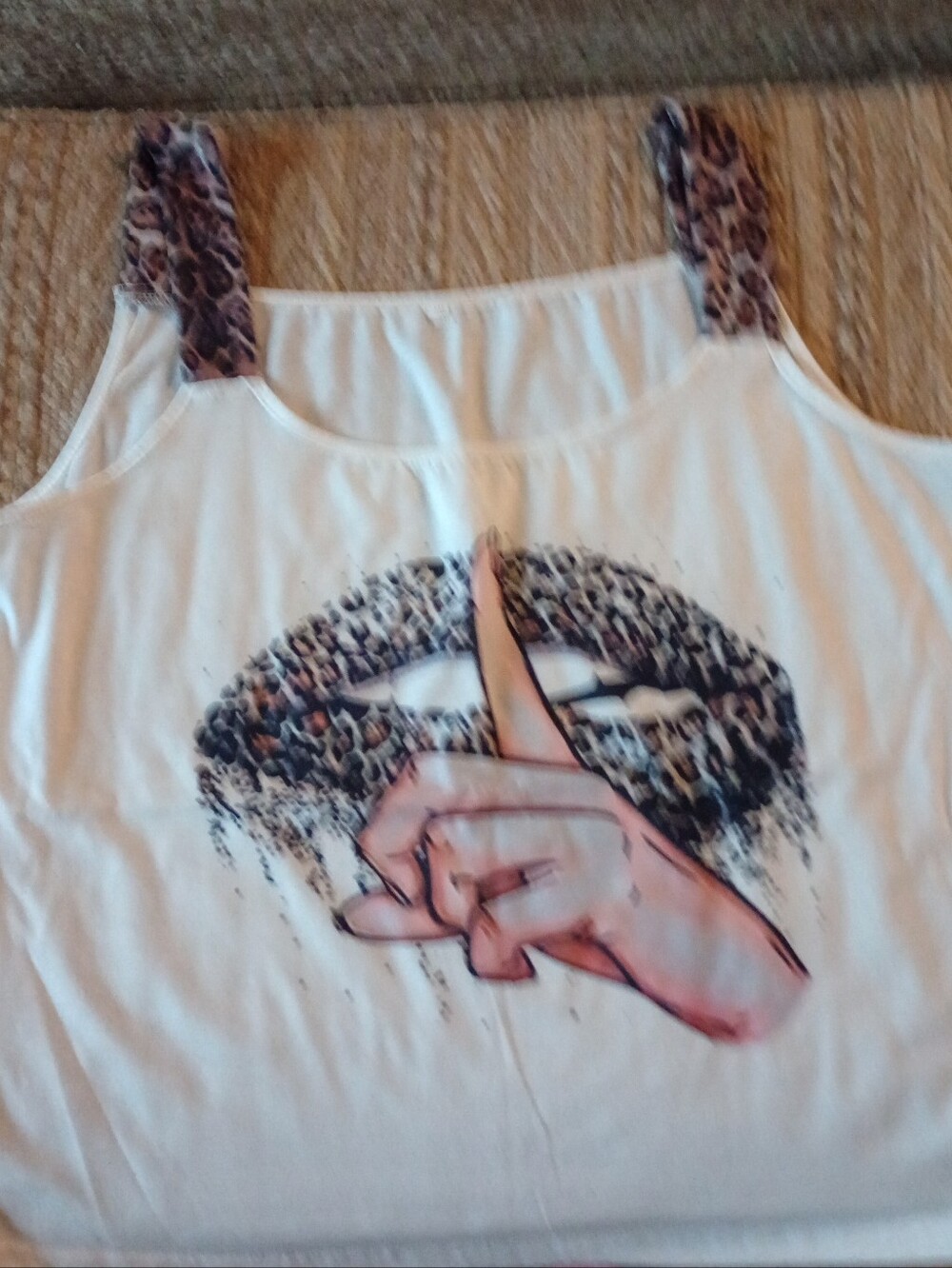White Graphic Tank with Leopard Lip and Hand Print